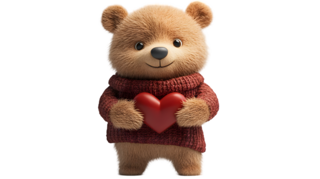 Cute Teddy Bear Holding a Red Heart and Wearing a Sweater on White Background