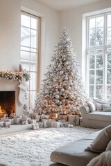 Elegant white Christmas tree in a modern living room with fireplace and presents