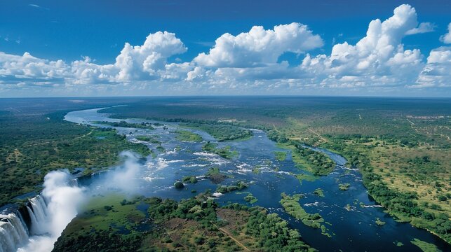 Aerial view of Victoria Falls, Zambezi River, Africa, showing lush landscape and cloudy sky; tourism