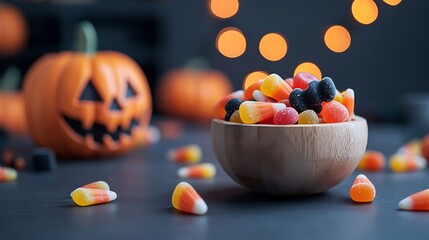 Colorful Halloween Candy in Wooden Bowl with Jack-o'-Lantern
