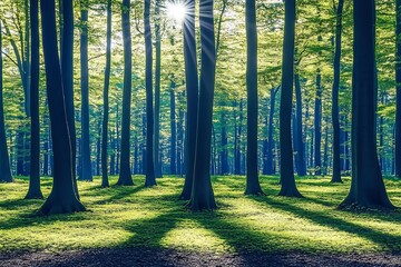 Sunlit Forest Floor, Emerald Moss and Shadows, Tranquil Woods Scene