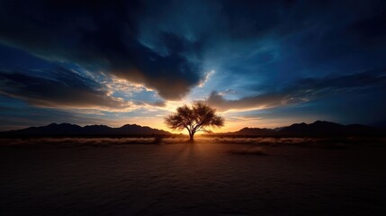 Solitary tree at sunset in desert landscape