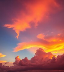 Fototapeta premium Fiery sunset paints clouds ablaze, vibrant hues of orange, pink, and purple, illustration, vibrant, graphic