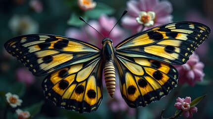 Naklejka premium Vibrant butterfly unfurls its delicate, iridescent wings in a kaleidoscope of yellow, black, and orange hues