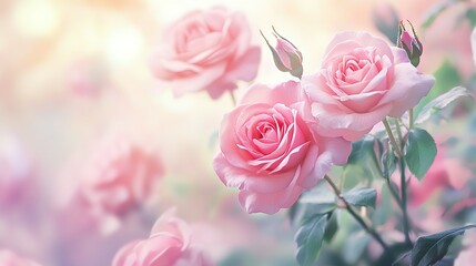 Beautiful blossoming pink roses with buds and green leafy stems