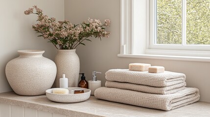 Beige bathroom corner, towels, vases, flowers, window view