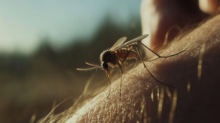 a Mosquito Sitting on a Human Arm with a Blurred Background