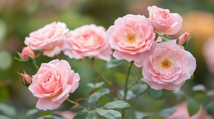 Several beautiful pink roses with green leaves in sunlight garden