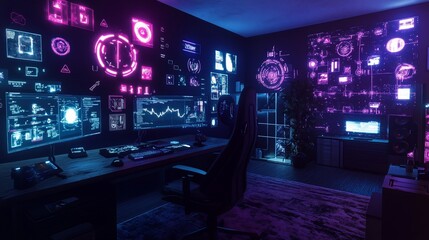 A futuristic workspace with multiple glowing screens displaying data and charts, a modern desk and a comfortable chair