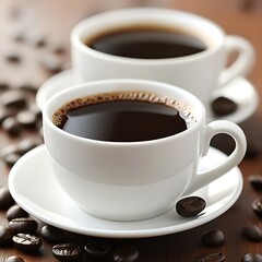 Fototapeta premium Two white coffee cups filled with dark hot beverage
