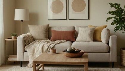 Fototapeta premium Neutral-toned living room corner with layered textiles, a cushioned sofa. 5