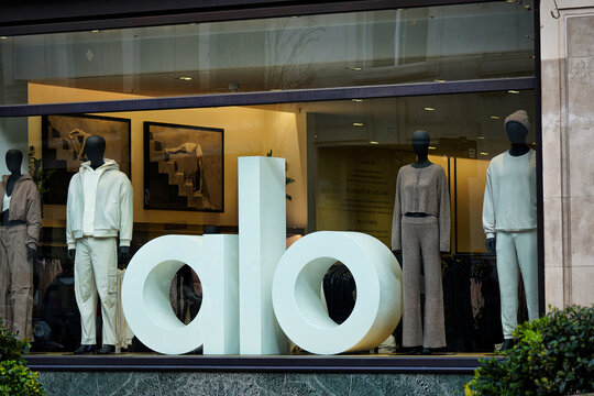 Alo Yoga Luxury Fashion House Brand Retail Apparel Flagship Store Storefront Sign Logo Signage, Global Contemporary Fashion Industry, Regent Street, London, UK, 2025