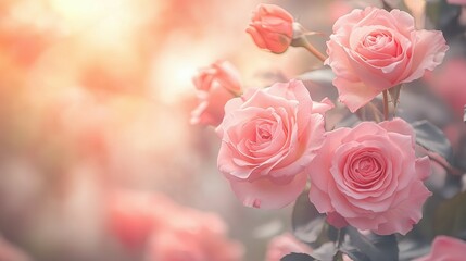 Obraz premium Beautiful pink roses blooming in a soft and warm garden