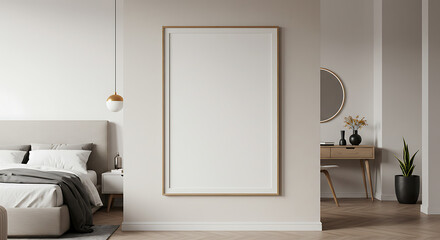 Frame mockup, ISO A paper size. Bedroom wall poster mockup. Interior mockup with house background. Modern interior design. 3D render 