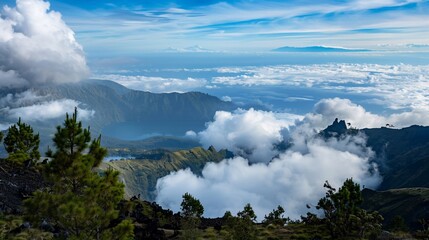 Mountaintop view clouds, volcanic peaks, island landscape, travel poster