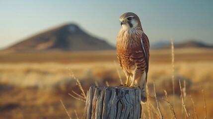 Nankeen kestrel perched a weathered wooden post sharp gaze scanning the landscape intricate brown and white plumage golden field in the background