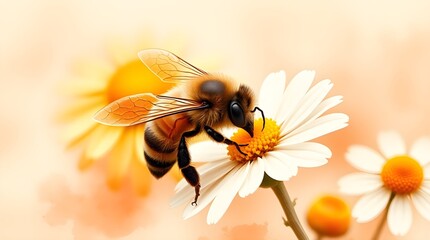 Bee on flower, golden sunset background or Close-up of bee on yellow flower, golden hour light