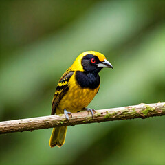 Fototapeta premium Pássaro preto e amarelo do tecelã pousado num galho de árvore em meio ao verde da natureza