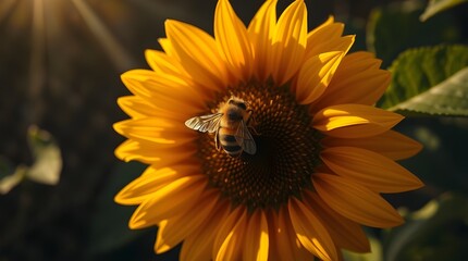 Fototapeta premium Bee on flower, golden sunset background or Close-up of bee on yellow flower, golden hour light