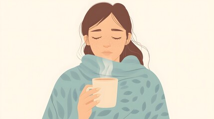 Professional Woman with Fever Drinking Hot Drink for Cold Symptoms Relief