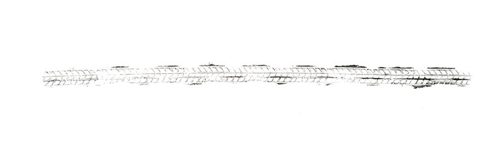 black traces of tractor tires on white background.