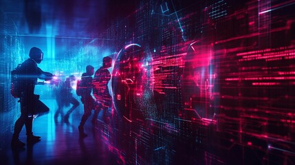 Futuristic Soldiers Moving Through a Digital Space with Red and Blue Coding