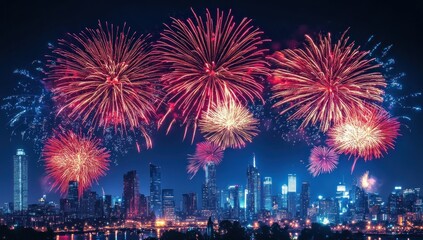 Fireworks over city skyline at night