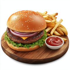 Classic Burger with Fries and Ketchup on White Plate
