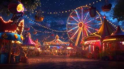 Nighttime Carnival with Illuminated Ferris Wheel and Colorful Tents Under Starry Sky