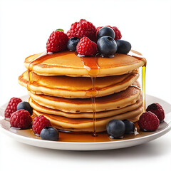 Stack of Fluffy Pancakes with Berries and Maple Syrup