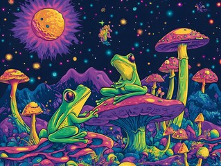 Obraz premium Two Frogs on Mushrooms in a Colorful Psychedelic Fantasy Landscape