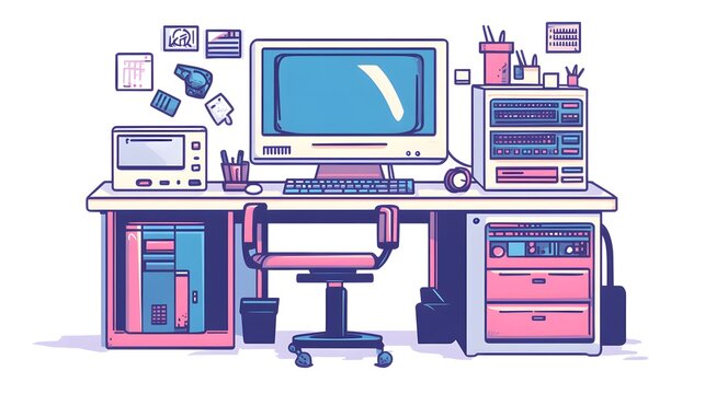 Professional Computer Service Center Line Design Style Illustration for Technical Support Websites and Marketing Materials