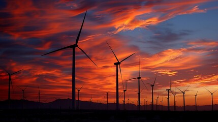 Obraz premium Desert wind farm sunset, fiery clouds, energy