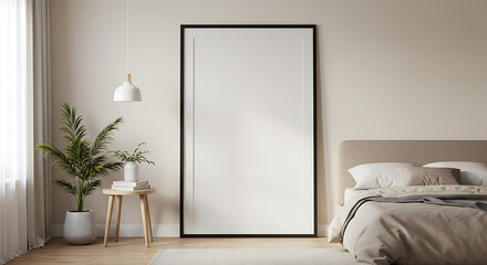 Frame mockup, ISO A paper size. Bedroom wall poster mockup. Interior mockup with house background. Modern interior design. 3D render 