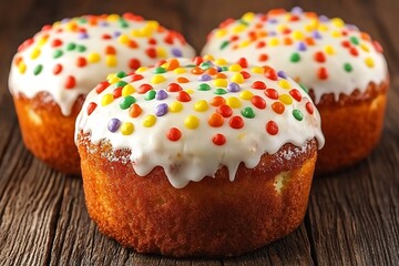 Three frosted muffins decorated with colorful sprinkles on wooden surface