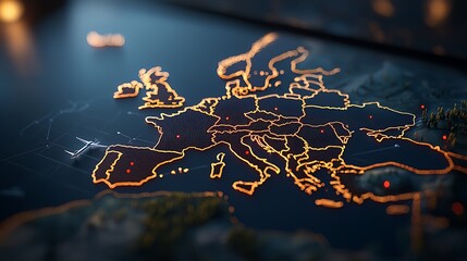 Glowing Orange Lines Map of Europe at Night