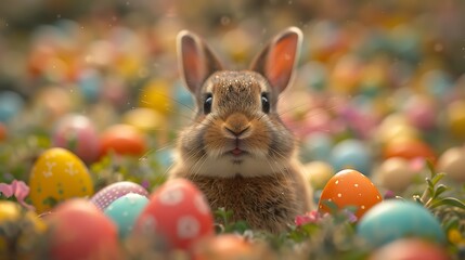 A cute rabbit surrounded by colorful Easter eggs in a vibrant spring meadow with flowers blooming