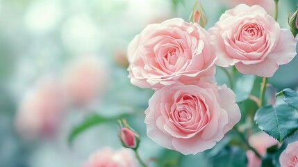 Beautiful light pink roses bloom in a soft and delicate garden scene