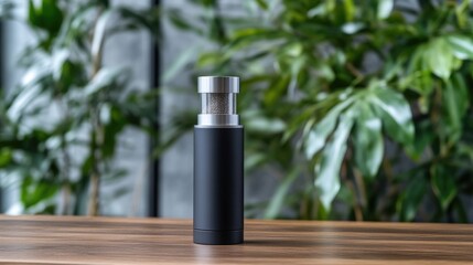 Modern black spice grinder on wooden surface