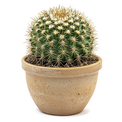 Round cactus in terracotta pot isolated on white background