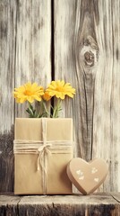 Fototapeta premium Rustic Wooden Background Gift Flowers Heart