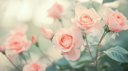 Beautiful pastel pink roses blooming in a soft focus garden