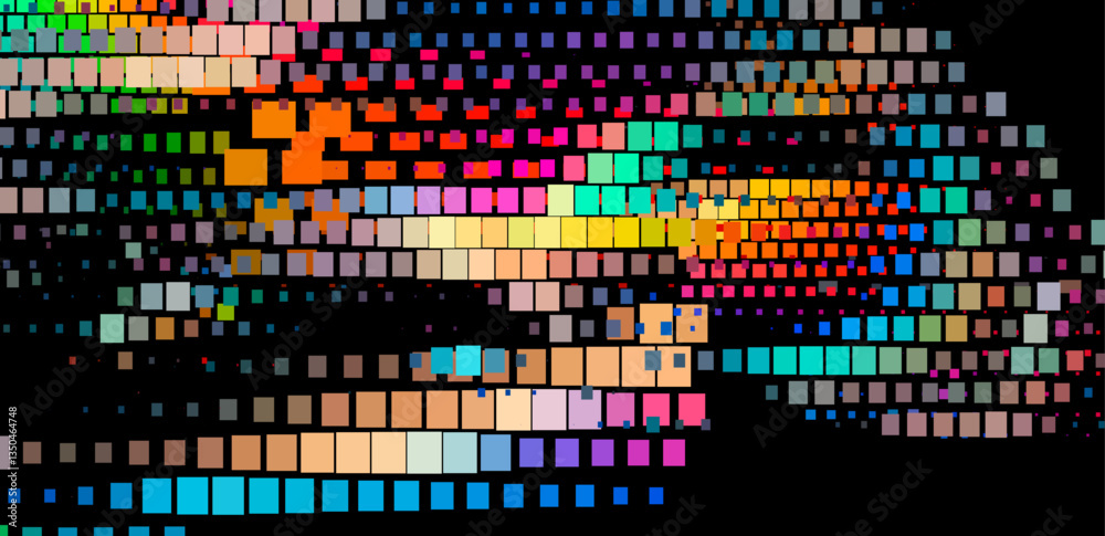 Fototapete Abstract digital artwork with vibrant, multicolored glitchy squares on a black background. The pattern creates a dynamic and pixelated effect, emphasizing a modern and tech-inspired aesthetic.