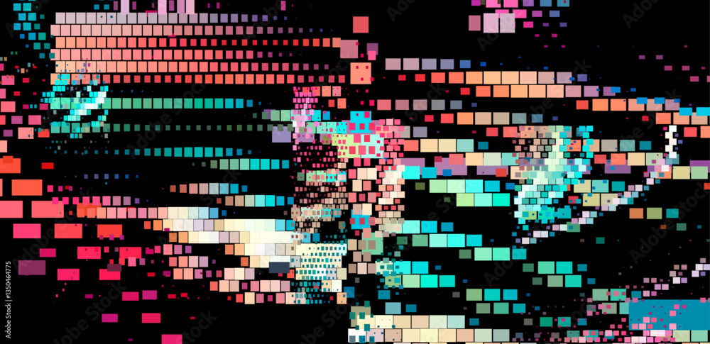 Fototapete abstract glitch art illustration with vibrant, multicolored squares on a black background. the patte