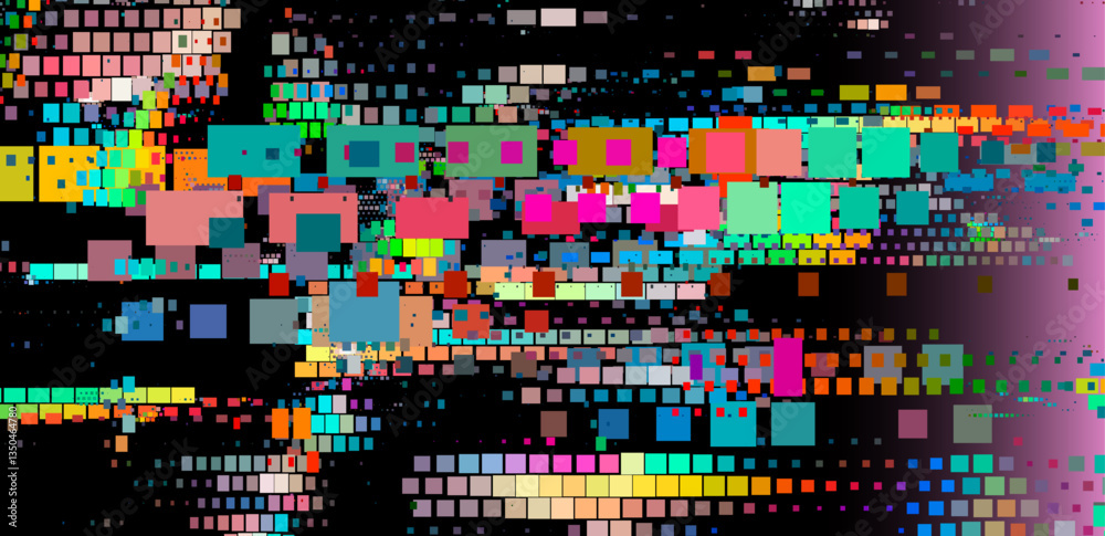 Aufkleber abstract glitch art illustration with vibrant, multicolored squares on a black background. the patte