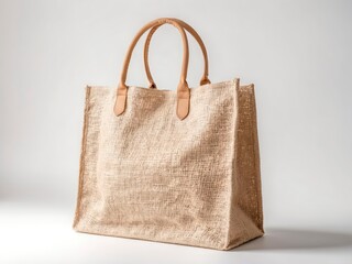 Minimalist jute tote bag with leather handles on white background, eco-friendly fashion mockup 