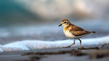 Pacific golden plover walking along sandy beach delicate brown and gold plumage blending with the landscape soft ocean waves in the distance