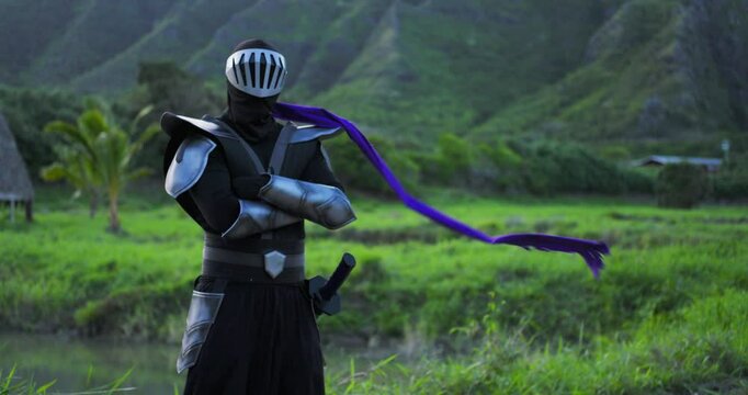 Wind blowing ninja knight's purple scarf in the wind as he stands in tropical paradise - medium shot
