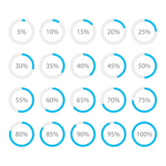 Set of blue color infographic pie charts, segment of circle icons 0% - 100%, simple flat design loading data interface elements app button ui ux web, vector isolated on white background
