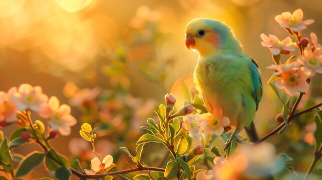 Pacific parrotlet perched a delicate tropical flower tiny green and blue feathers glowing under soft golden light professional macro nature photography